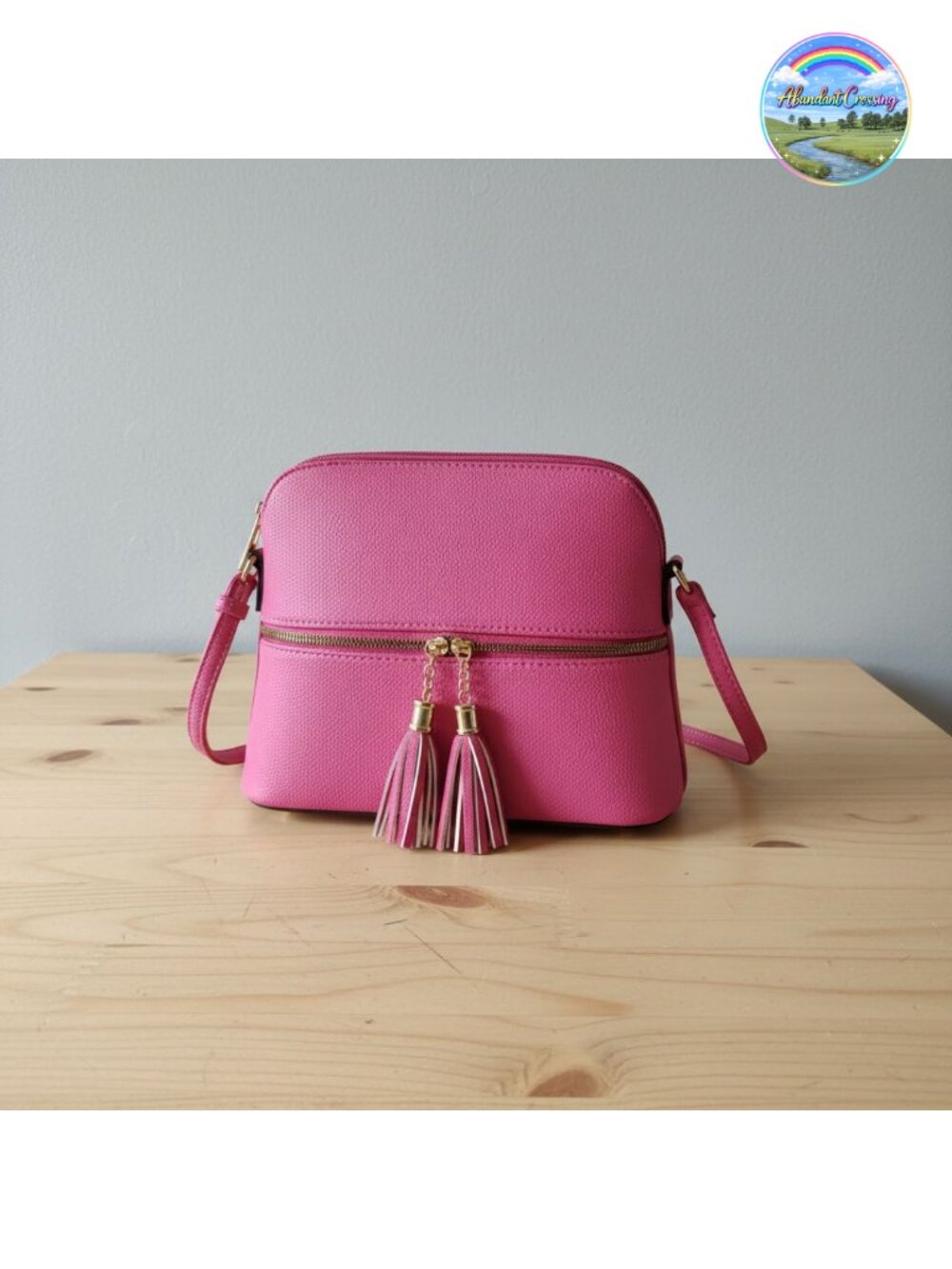 Vegan PU Leather Dome Crossbody Bag Tassel Zipper Adjustable Strap